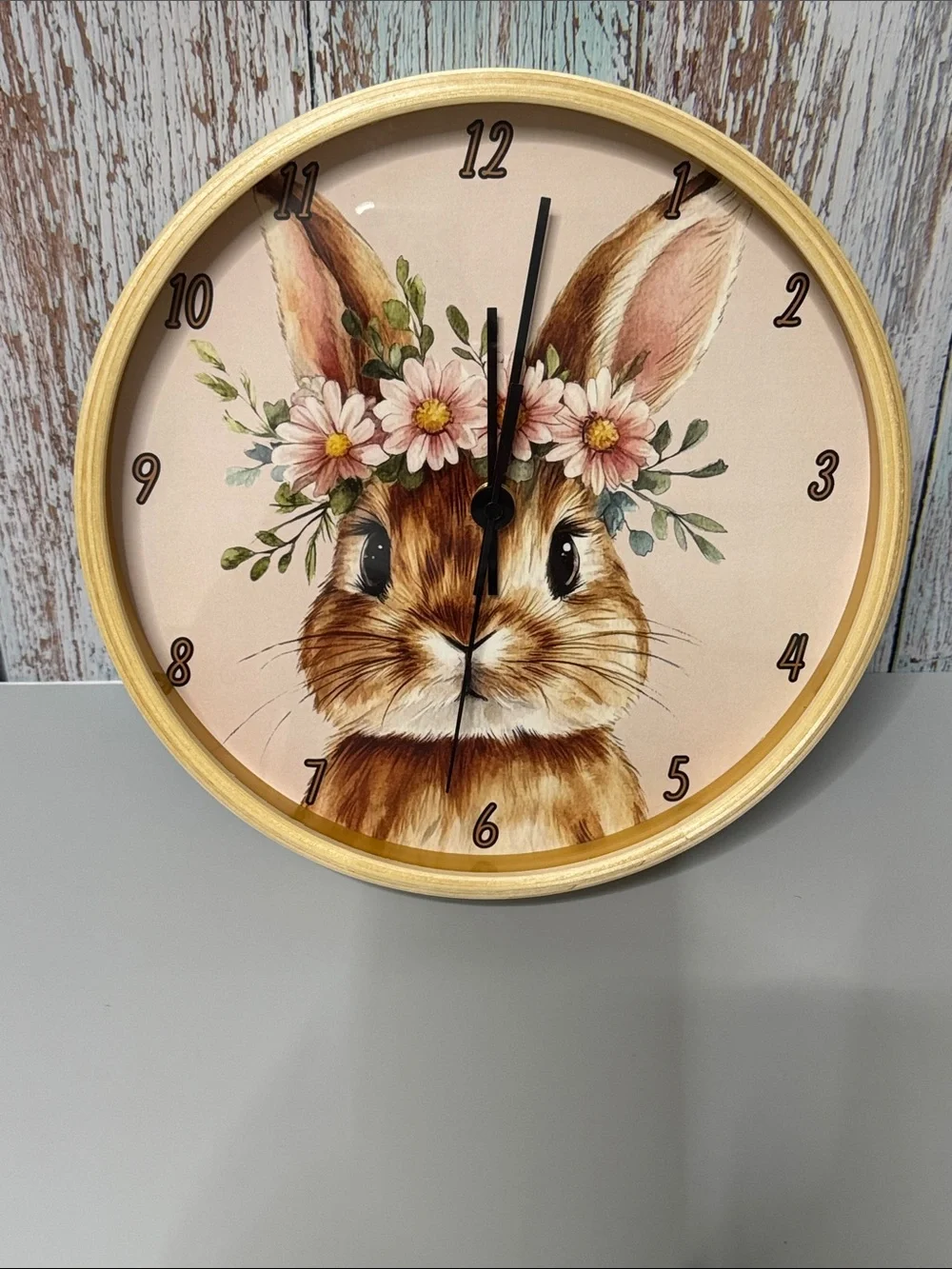 Rabbit Wall Clock, Floral Watercolor Bunny with 100% Wood Frame, 10-Inch Square
